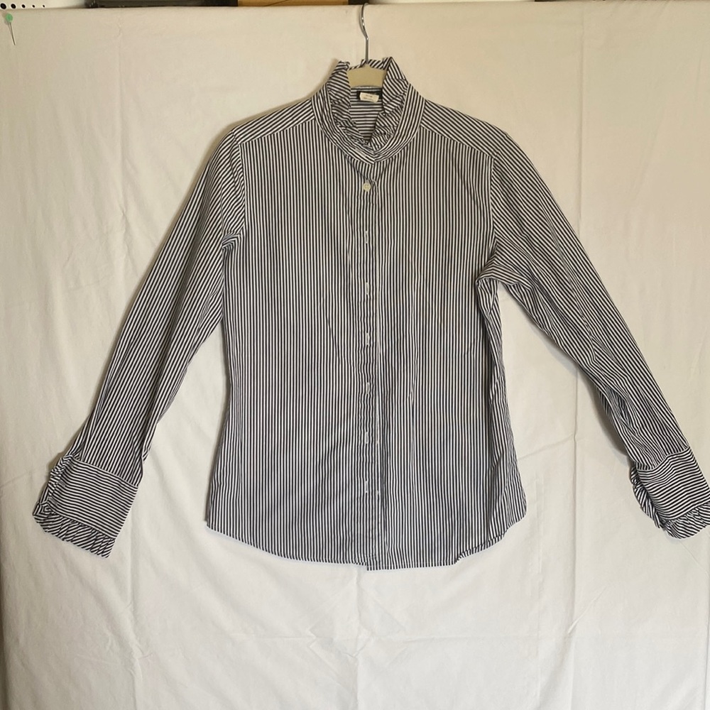 J. Crew size 4 blue and white Ruffle neck and sleeve blouse